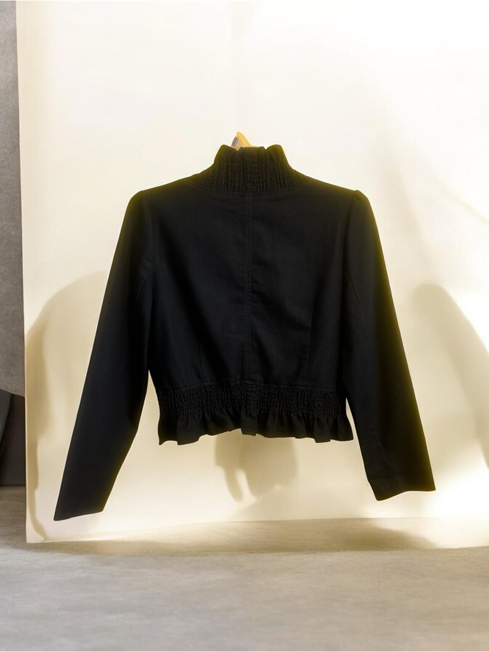 Women’s Denim Ruffled Cropped Jacket - Elegant Evening Coat - Picture 6 of 14